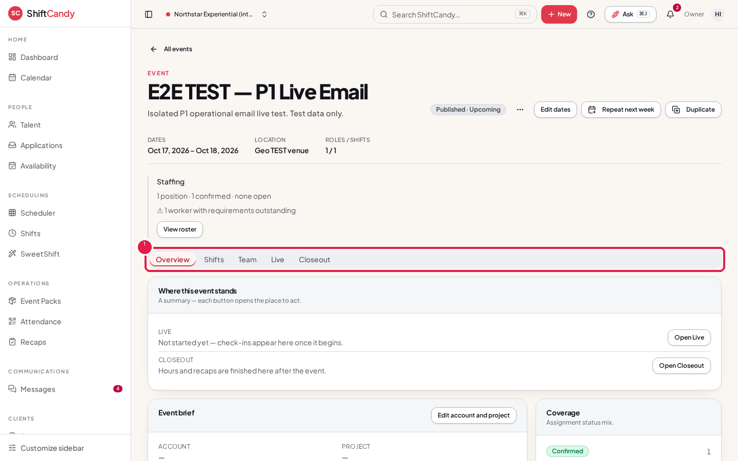 Event page with the Overview, Shifts, Team, Live and Closeout tabs outlined