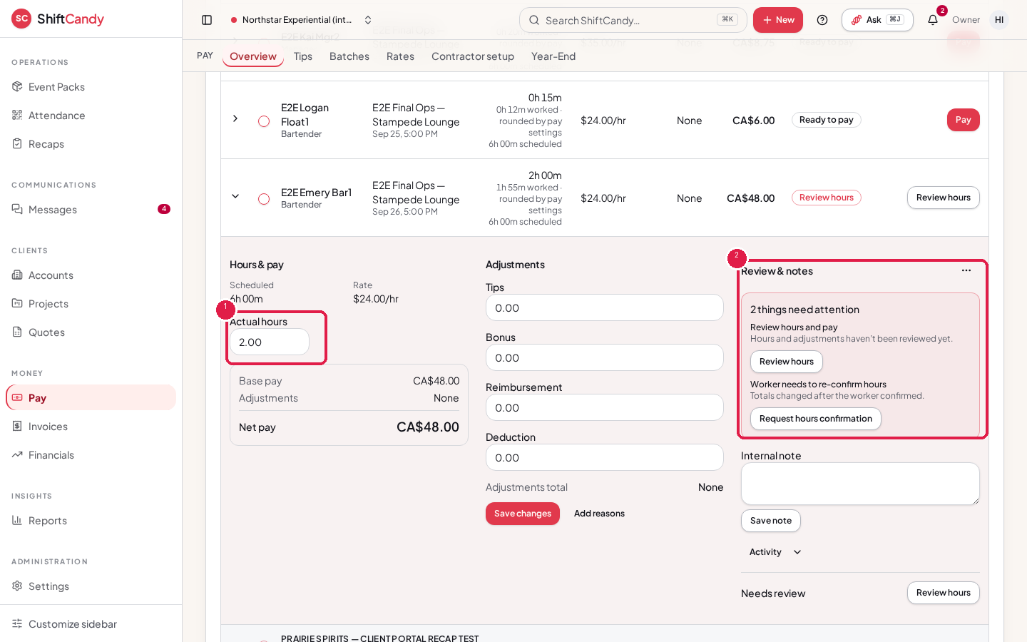 An open pay row with Actual hours marked 1 and the Review and notes panel marked 2