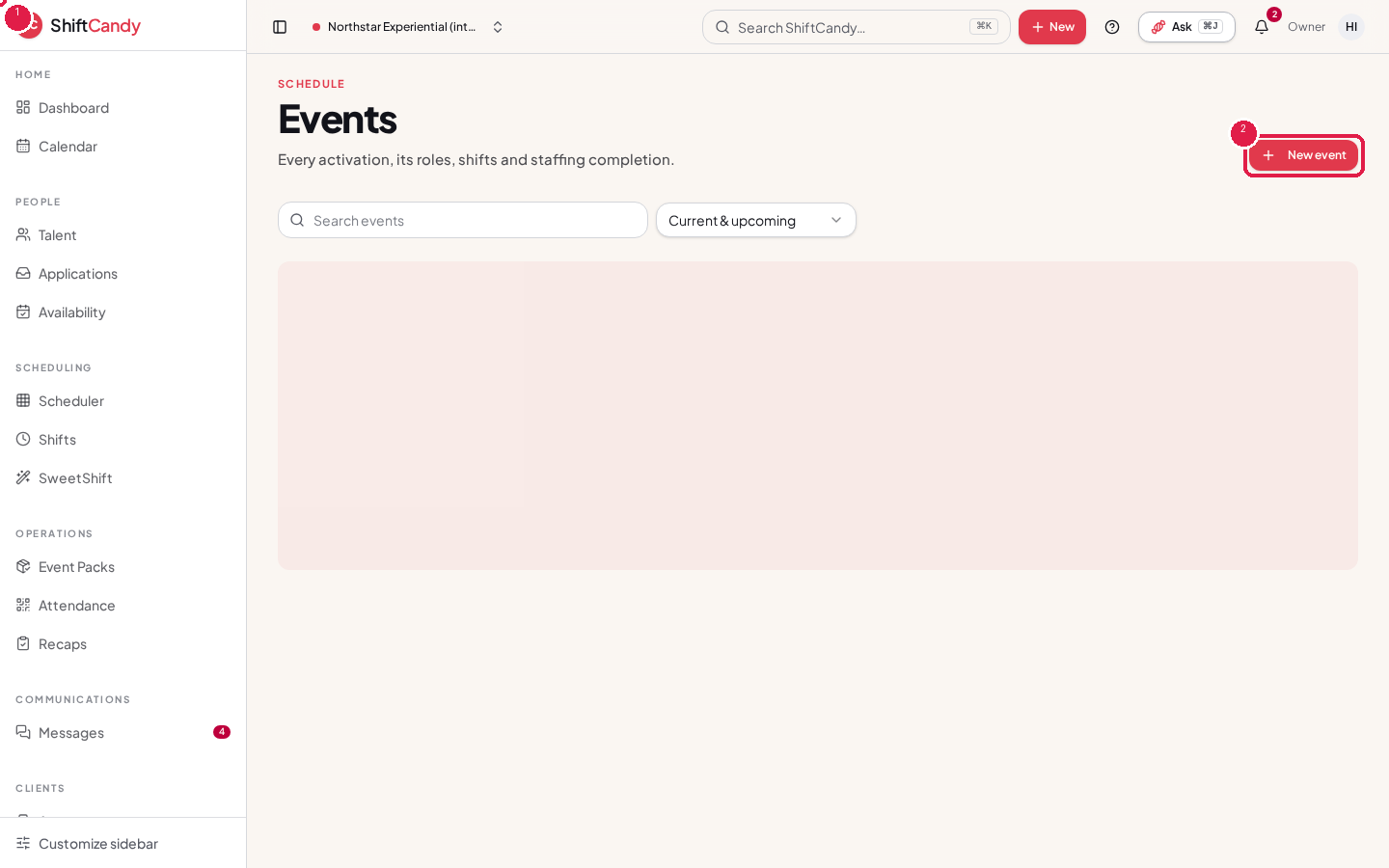 Events list with the Events sidebar link marked 1 and the New event button marked 2