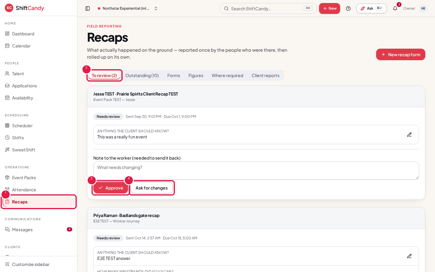 Recaps page with the Recaps sidebar link marked 1, the To review tab marked 2, Approve marked 3 and Ask for changes marked 4