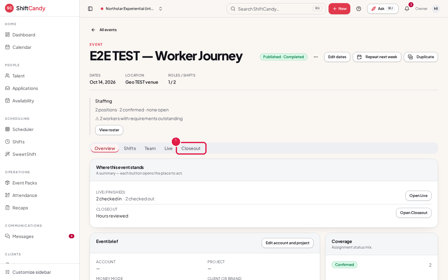 Event page with the Closeout tab marked