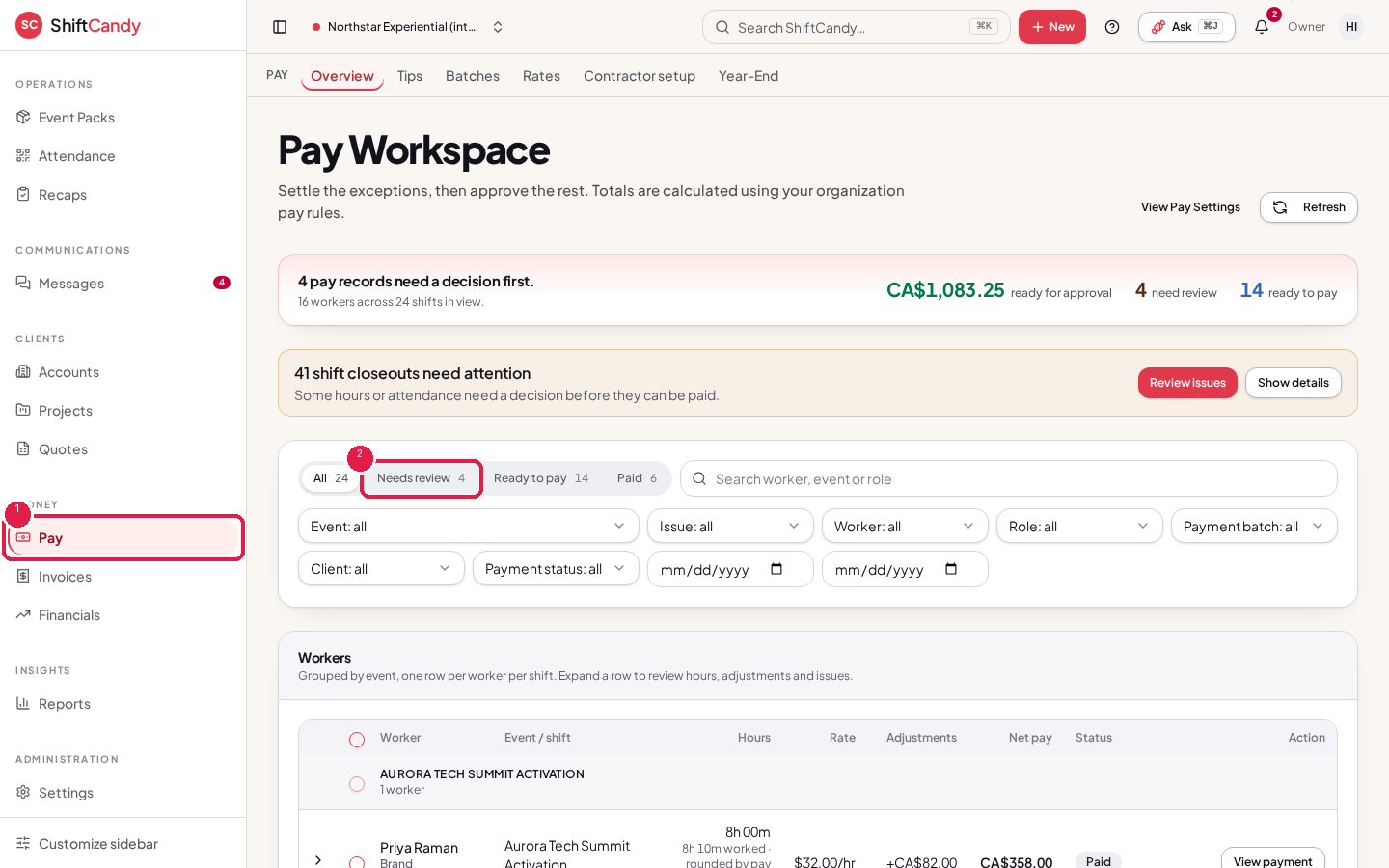 Pay Workspace with Pay in the sidebar marked 1 and the Needs review filter marked 2