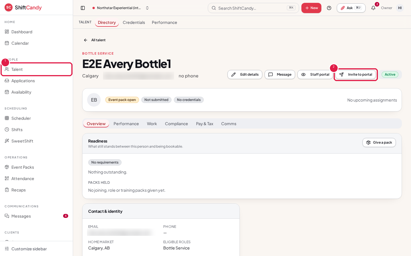 Worker profile with Talent in the sidebar marked 1 and the Invite to portal button marked 2; contact details are blurred