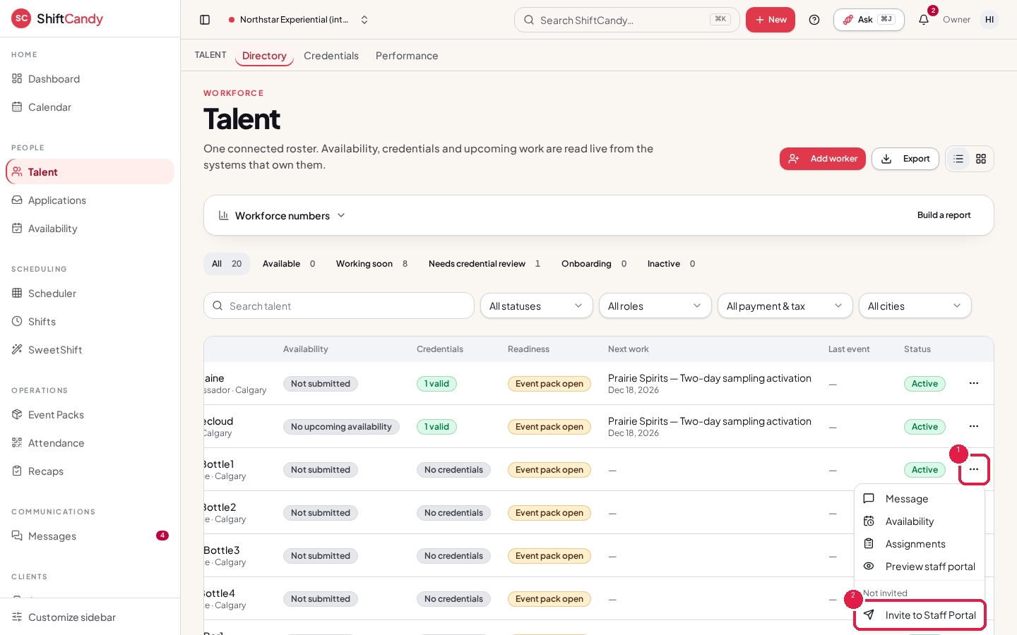 Talent list with a worker’s actions menu marked 1 and Invite to Staff Portal marked 2