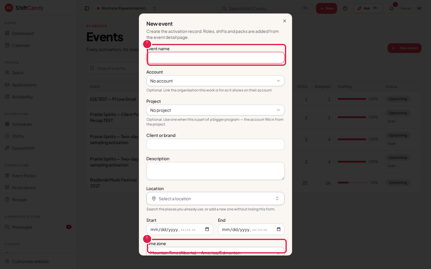 New event form with the Event name field marked 1 and the Time zone field marked 2